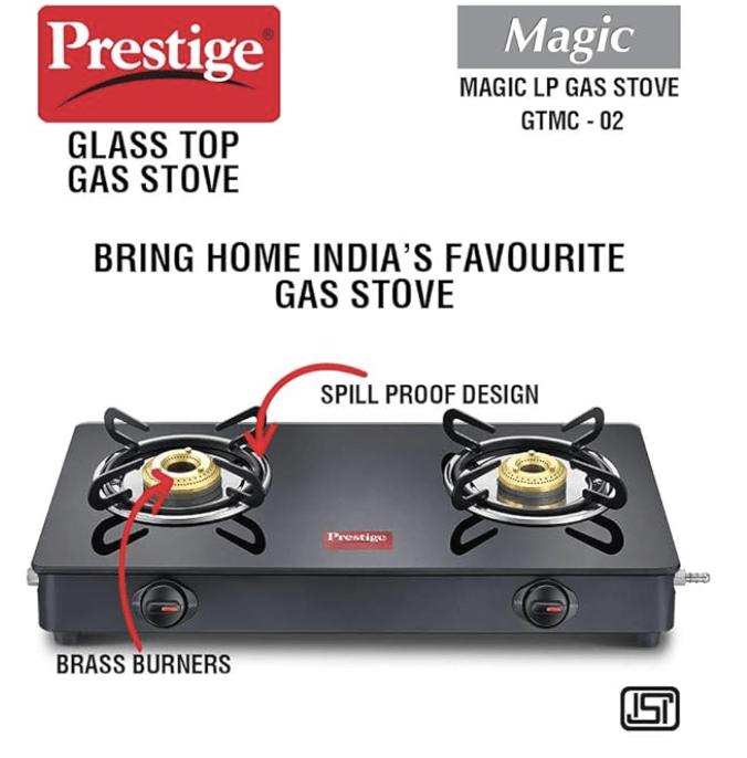 Prestige Magic plus Toughened Glass-Top 2 Brass Burner LPG Gas Stove(GTMP-02) | Black Spill Proof Design | Ergonomic Knob | Tri-Pin Burner