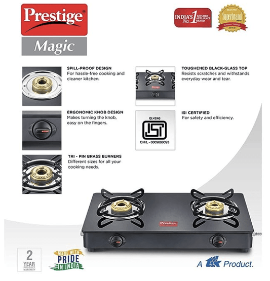 Prestige Magic plus Toughened Glass-Top 2 Brass Burner LPG Gas Stove(GTMP-02) | Black Spill Proof Design | Ergonomic Knob | Tri-Pin Burner