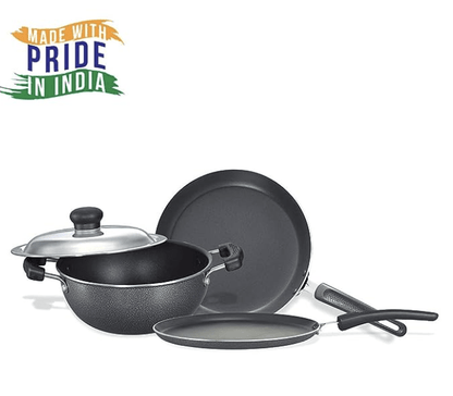 Prestige Omega Select Plus Non-stick Kitchen Set (Omni Tawa 27.5cm, Fry Pan 25cm, Kadai with Lid 25cm) (Black)