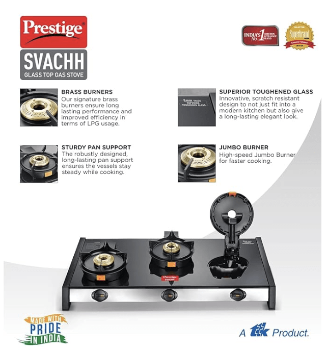 Prestige Svachh GTSV-03 Easy Clean Glass-Top 3 Brass Burner LPG Gas Table | Black | Liftable Burner Set | Sturdy Pan Support | Ergonomic Knob Design | Rubber Bottom Pads-3
