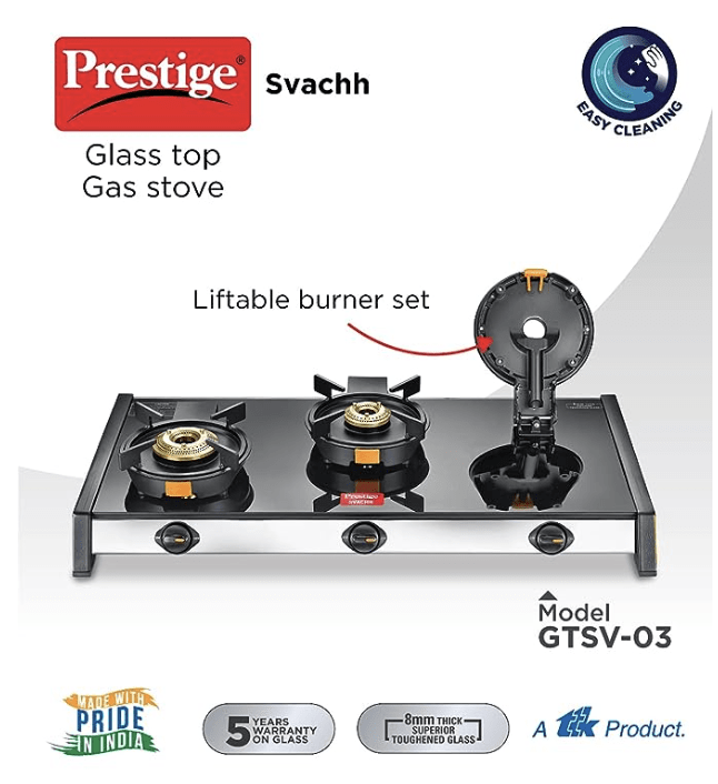 Prestige Svachh GTSV-03 Easy Clean Glass-Top 3 Brass Burner LPG Gas Table | Black | Liftable Burner Set | Sturdy Pan Support | Ergonomic Knob Design | Rubber Bottom Pads