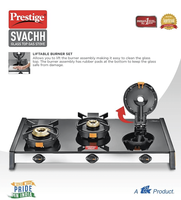 Prestige Svachh GTSV-03 Easy Clean Glass-Top 3 Brass Burner LPG Gas Table | Black | Liftable Burner Set | Sturdy Pan Support | Ergonomic Knob Design | Rubber Bottom Pads