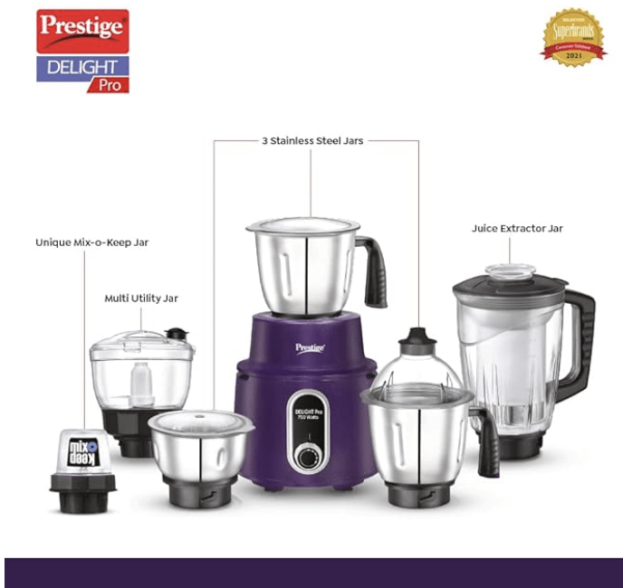 Prestige Delight Pro Mixer Grinder 750 W, 6 Jars, (1500 ml, 1000 ml, 1500 ml, 450 ml) (Purple)-2