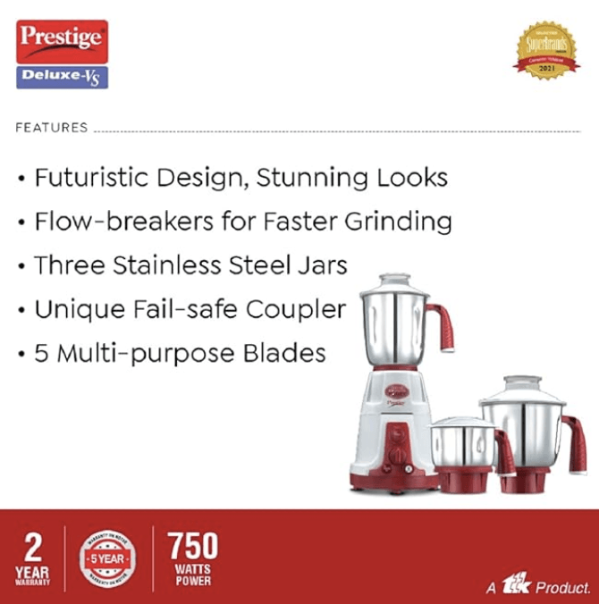 பிரெஸ்டீஜ் டீலக்ஸ் VS (750 வாட்) மிக்சர் கிரைண்டர் 3 ஸ்டெயின்லெஸ் ஸ்டீல் ஜாடியுடன் 