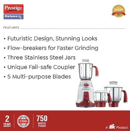 பிரெஸ்டீஜ் டீலக்ஸ் VS (750 வாட்) மிக்சர் கிரைண்டர் 3 ஸ்டெயின்லெஸ் ஸ்டீல் ஜாடியுடன் 