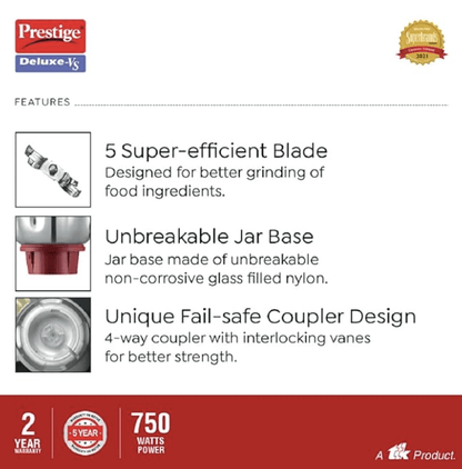 பிரெஸ்டீஜ் டீலக்ஸ் VS (750 வாட்) மிக்சர் கிரைண்டர் 3 ஸ்டெயின்லெஸ் ஸ்டீல் ஜாடியுடன் 