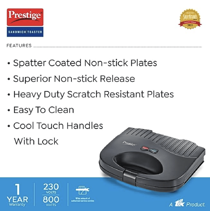 Prestige PGFSP - Spatter Coated Non-stick Sandwich Toasters With fixed Grill Plate , Black-2