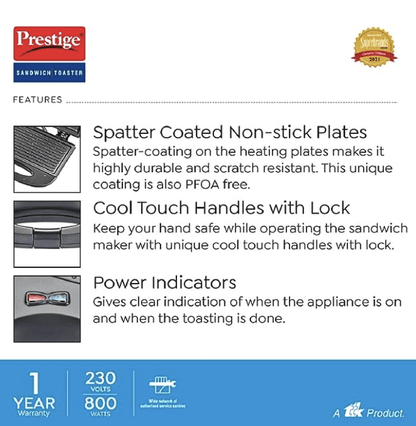 प्रेस्टीज पीजीएफएसपी - स्पैटर कोटेड नॉन-स्टिक सैंडविच टोस्टर, फिक्स्ड ग्रिल प्लेट के साथ, काला 