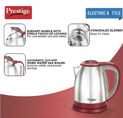 Prestige 1.5 litre PKOSS Stainless Steel Electric Kettle | 1500 Watts | Elegant Design | Cool-touch Handle and Lid | Automatic Cut-Off and Single-Touch Lid Locking| Silver