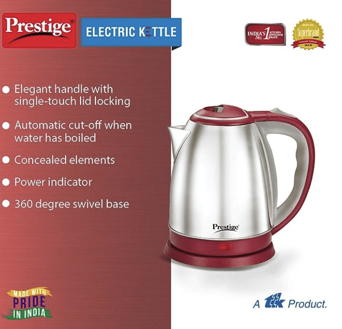 Prestige 1.5 litre PKOSS Stainless Steel Electric Kettle | 1500 Watts | Elegant Design | Cool-touch Handle and Lid | Automatic Cut-Off and Single-Touch Lid Locking| Silver