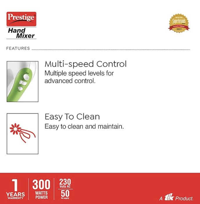 பிரெஸ்டீஜ் PHM 1.0 300-வாட் ஹேண்ட் பிளெண்டர் வித் ஒன் டச் டர்போ பட்டன் (பச்சை வெள்ளை) 