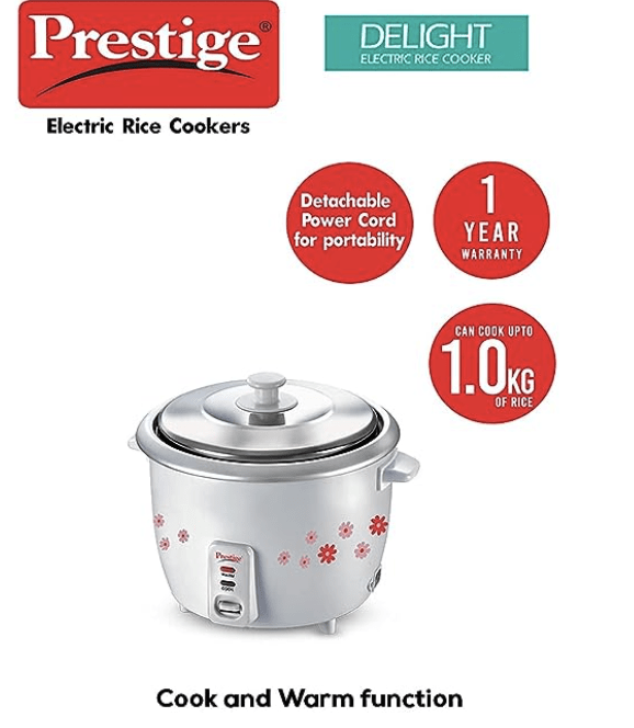 பிரெஸ்டீஜ் 1.8 லிட்டர் எலக்ட்ரிக் ரைஸ் குக்கர் (PRWO 1.8 லிட்டர்) | 2 அலுமினிய சமையல் பாத்திரங்கள் | ஸ்டெயின்லெஸ் ஸ்டீல் மூடி | சாம்பல்/வெள்ளை | கூல் டச் ஹேண்டில்ஸ் | பிரிக்கக்கூடிய பவர் கார்டு | 700- வாட் 