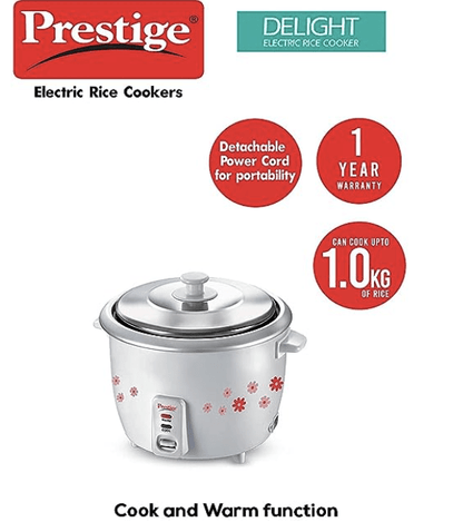 பிரெஸ்டீஜ் 1.8 லிட்டர் எலக்ட்ரிக் ரைஸ் குக்கர் (PRWO 1.8 லிட்டர்) | 2 அலுமினிய சமையல் பாத்திரங்கள் | ஸ்டெயின்லெஸ் ஸ்டீல் மூடி | சாம்பல்/வெள்ளை | கூல் டச் ஹேண்டில்ஸ் | பிரிக்கக்கூடிய பவர் கார்டு | 700- வாட் 