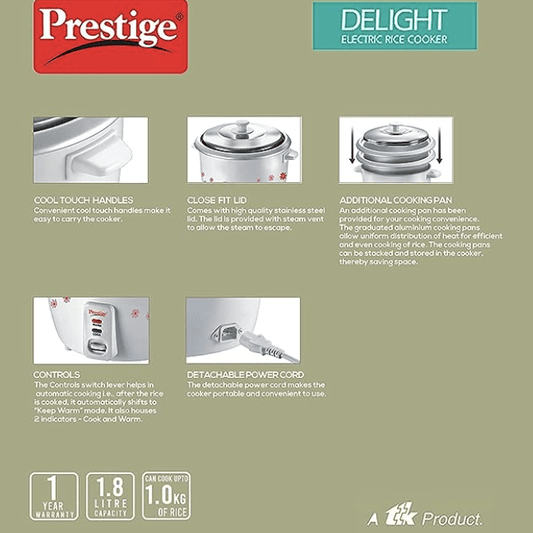 Prestige 1.8 Litres Electric Rice Cooker (PRWO 1.8 Litres)| 2 Aluminium Cooking Pans | Stainless Steel Lid | Grey/White | Cool Touch Handles | Detachable Power Cord | 700- Watt