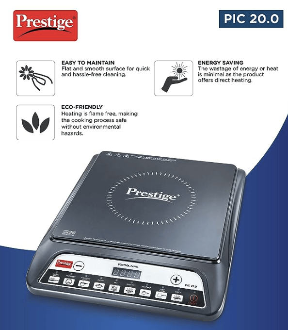 பிரெஸ்டீஜ் பிக் 20 நியோ இண்டக்ஷன் குக்டாப் 1600W | இந்திய மெனு விருப்பங்கள் | தானியங்கி மின்னழுத்த சீராக்கி | பயனர் முன்-செட், கையேடு, கருப்பு நிறத்துடன் கூடிய டைமர் 