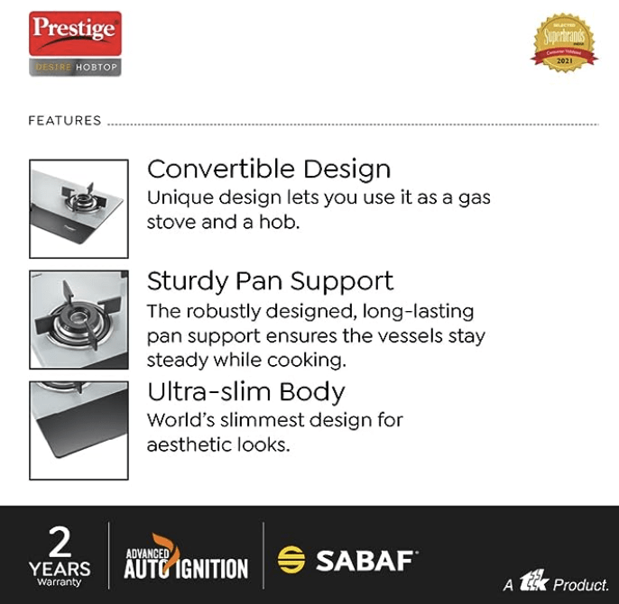பிரெஸ்டீஜ் டிசையர் ஹாப் டாப் PHTD 02 Al, 2 பர்னர் &amp; ஆட்டோ இக்னிஷன் 