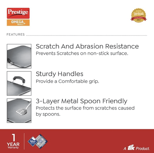 Prestige Aluminium Omega Select Plus Residue Free Non-Stick Heavy Gauge Square Tawa, 30 cm, Black