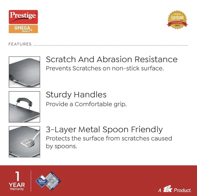Prestige Aluminium Omega Select Plus Residue Free Non-Stick Heavy Gauge Square Tawa, 30 cm, Black-2