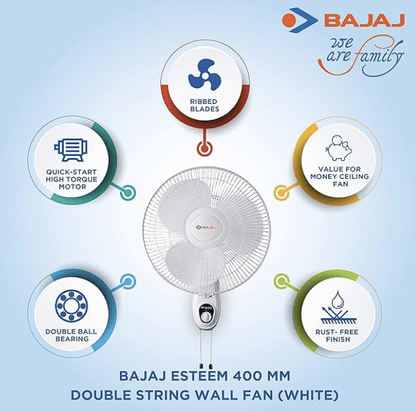 Bajaj Esteem 400MM Double String Wall Mount Fan| Adjustable Oscillating & Tiltable Wall Fan for Kitchen & Home| 100% CopperMotor| 3-Speed Control| VoltageProtection|High AirDelivery|2Yr Warranty|White