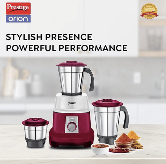 Prestige 500 Watts Orion Mixer Grinder with 3 Stainless Steel Jars |2 years warranty| Red & White
