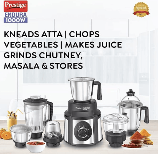 Prestige Endura 1000W Mixer Grinder, 6 Jars (1500 ml, 1000 ml, 1500 ml, 450 ml) (Black, Silver)