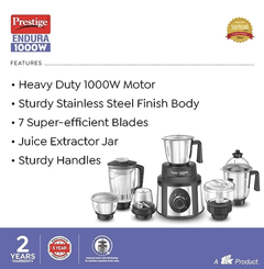 Prestige Endura 1000W Mixer Grinder, 6 Jars (1500 ml, 1000 ml, 1500 ml, 450 ml) (Black, Silver)-3