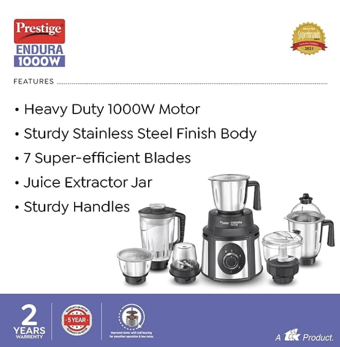 Prestige Endura 1000W Mixer Grinder, 6 Jars (1500 ml, 1000 ml, 1500 ml, 450 ml) (Black, Silver)-3