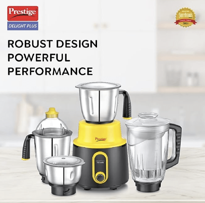 பிரெஸ்டீஜ் டிலைட் பிளஸ் 750 W மிக்சர் கிரைண்டர் (3 SS ஜாடிகள் மற்றும் 1 ஜூசர் ஜாடியுடன்) 