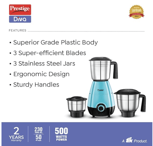 Prestige 500 Watts DIVA Mixer Grinder with 3 stainless Steel Jars|3 super efficient blades|2 years warranty|(Blue & Black)