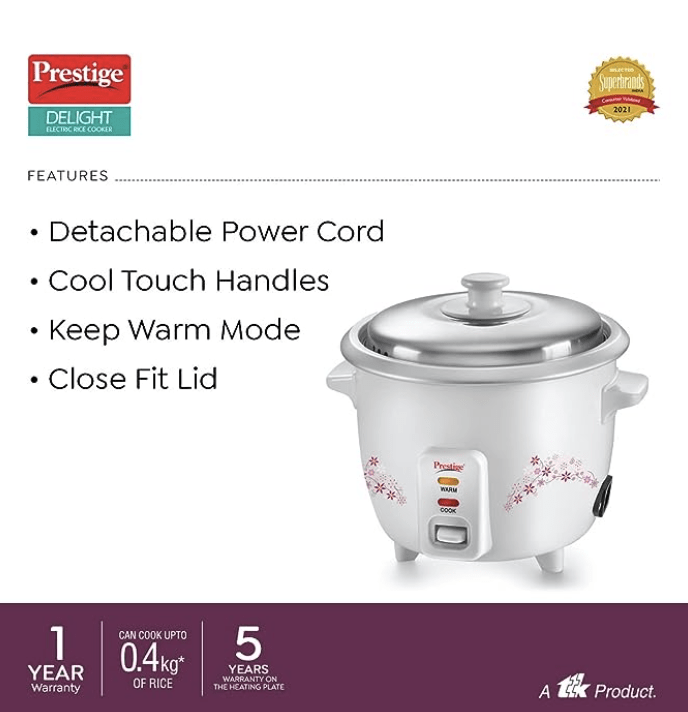 Prestige Delight PRWO L Electric Rice Cooker|Detachable power cord|Durable body|Cool touch handles|White|1 year warranty on product years
