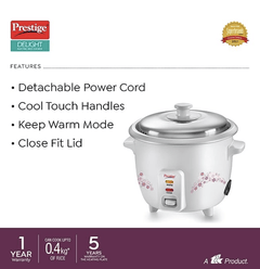 Prestige Delight PRWO 1.0 L Electric Rice Cooker|Detachable power cord|Durable body|Cool touch handles|White|1 year warranty on product & 5 years warranty on heating plate-3