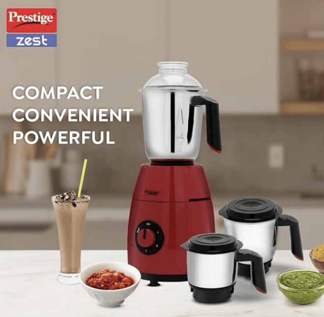 Prestige Zest 750 W Mixer Grinder with 3 SS Jars, Red, Small-2