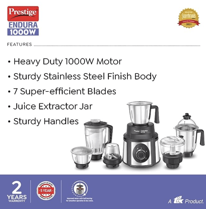 பிரெஸ்டீஜ் எண்டூரா 1000W மிக்சர் கிரைண்டர், 6 ஜாடிகள் (1500 மிலி, 1000 மிலி, 1500 மிலி, 450 மிலி) (கருப்பு, வெள்ளி) 