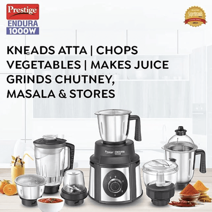 பிரெஸ்டீஜ் எண்டூரா 1000W மிக்சர் கிரைண்டர், 6 ஜாடிகள் (1500 மிலி, 1000 மிலி, 1500 மிலி, 450 மிலி) (கருப்பு, வெள்ளி) 
