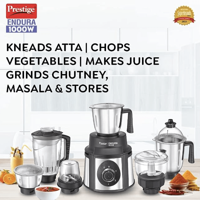 Prestige Endura 1000W Mixer Grinder with 6 Jar s| Heavy-Duty Ball Bearing Motor | 3 Stainless Steel Jars + 1 Juicer + 1 Mix-O-Keep + 1 Multi-Utility | SS Baldes | Black | 5Y Motor Warranty-4