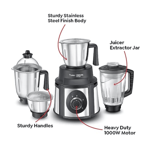 Prestige Endura 1000W Mixer Grinder with Ball Bearing Technology(Stainless Steel 4 Jars, Black & Silver)