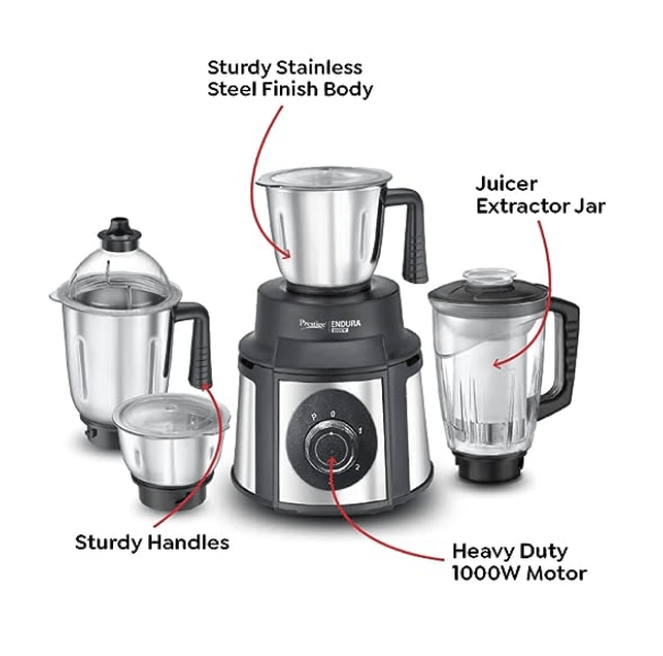 Prestige Endura 1000W Mixer Grinder with Ball Bearing Technology(Stainless Steel 4 Jars, Black & Silver)-2