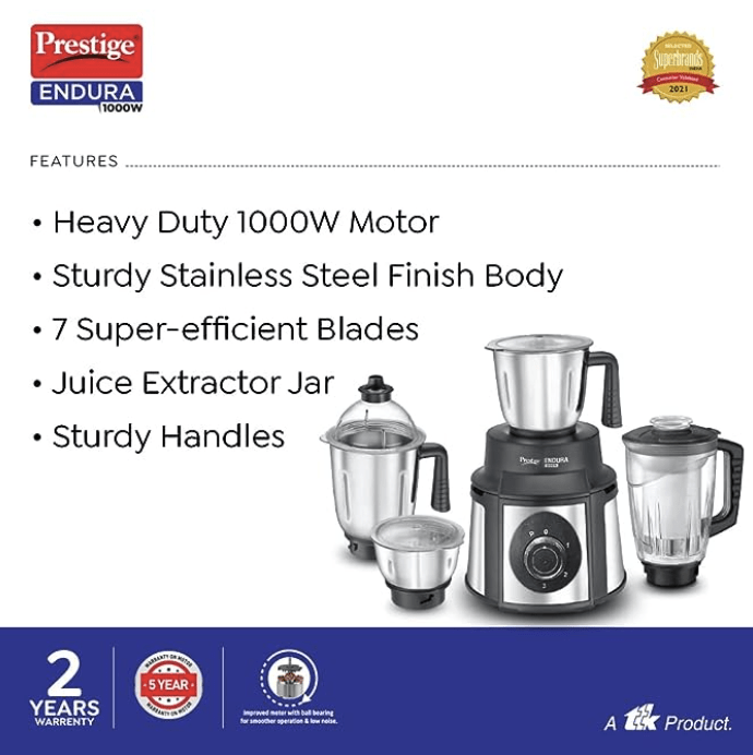 பால் பேரிங் தொழில்நுட்பத்துடன் கூடிய பிரெஸ்டீஜ் எண்டூரா 1000W மிக்சர் கிரைண்டர் (துருப்பிடிக்காத எஃகு 4 ஜாடிகள், கருப்பு &amp; வெள்ளி) 