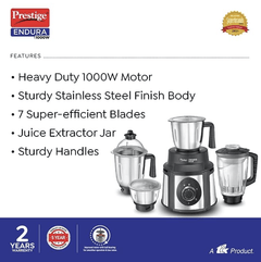 Prestige Endura 1000W Mixer Grinder with Ball Bearing Technology(Stainless Steel 4 Jars, Black & Silver)-3