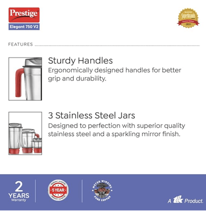 பிரெஸ்டீஜ் எலிகண்ட் V2 மிக்சர் கிரைண்டர் 750 வாட் 