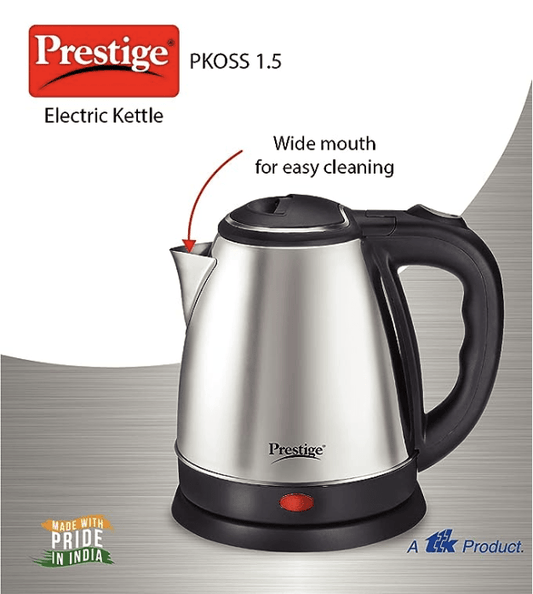 Prestige 1.5 Litres Electric Kettle (PKOSS 1.5)|1500W | Silver - Black| Automatic Cut-off | Stainless Steel | Rotatable Base | Power Indicator | Single-Touch Lid Locking