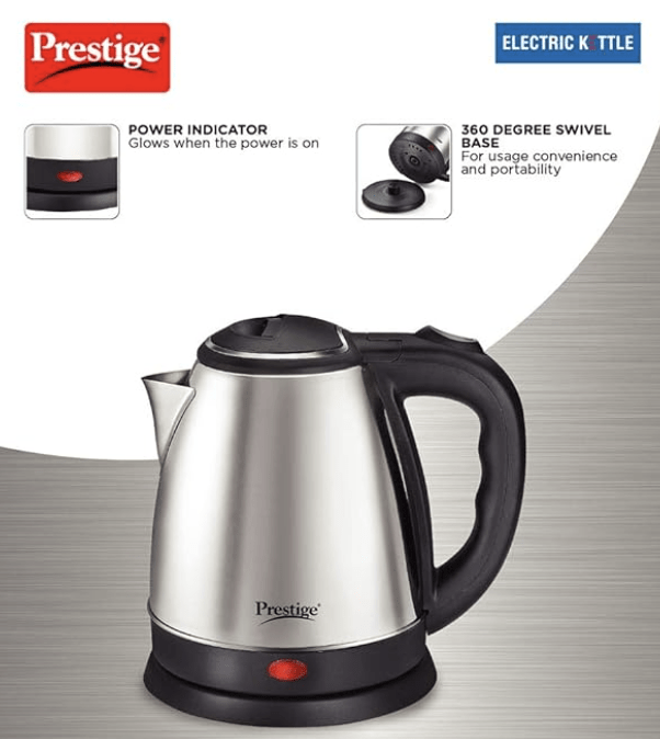 Prestige 1.8 Litres Electric Kettle (PKOSS 1.8)| 1500W| Silver - Black| Automatic Cut-off | Stainless Steel | Rotatable Base | Power Indicator | Single-Touch Lid Locking