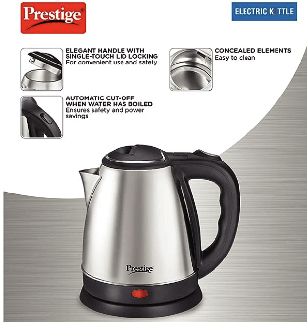 Prestige 1.8 Litres Electric Kettle (PKOSS 1.8)| 1500W| Silver - Black| Automatic Cut-off | Stainless Steel | Rotatable Base | Power Indicator | Single-Touch Lid Locking