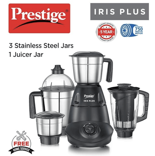 Prestige IRIS Plus 750 W Mixer grinder with 4 Jars (3 stainless steel Jars+ 1 Juicer Jar)| 4 Super efficient stainless blades | 2 years warranty| Black