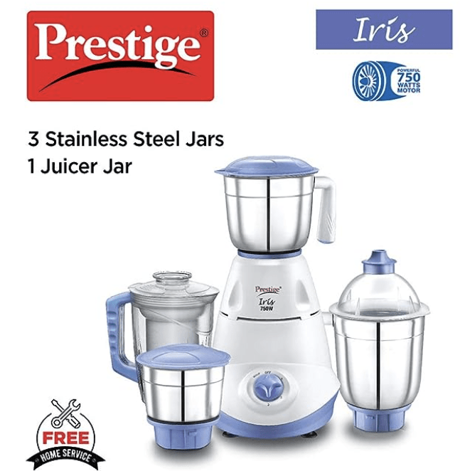 Prestige Iris 750 Watt Mixer Grinder with 3 Stainless Steel Jar + 1 Juicer Jar (White and Blue)-3