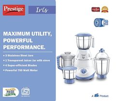 Prestige Iris 750 Watt Mixer Grinder with 3 Stainless Steel Jar + 1 Juicer Jar (White and Blue)-4