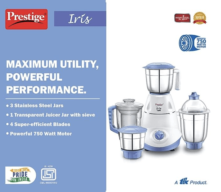 Prestige Iris 750 Watt Mixer Grinder with 3 Stainless Steel Jar + 1 Juicer Jar (White and Blue)-4