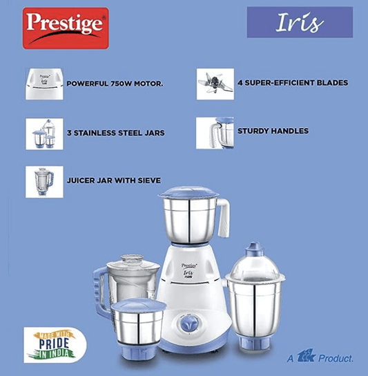 Prestige Iris 750 Watt Mixer Grinder with 3 Stainless Steel Jar + 1 Juicer Jar (White and Blue)