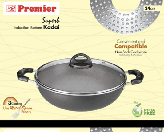 Premier Non Stick Superb Induction Base Non Stick Tawa (3 Coat) Deep Kadai with G.lid 24cm Code-059086
