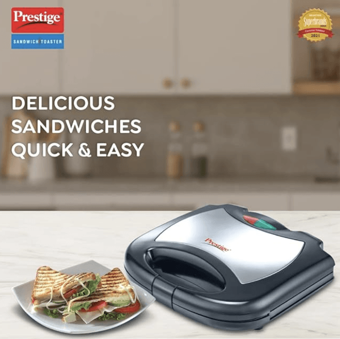 பிரெஸ்டீஜ் PGMFS சாண்ட்விச் மேக்கர் 700W நான்-ஸ்டிக் ஃபிக்ஸட் கிரில்டு பிளேட்டுகளுடன் (கருப்பு) 